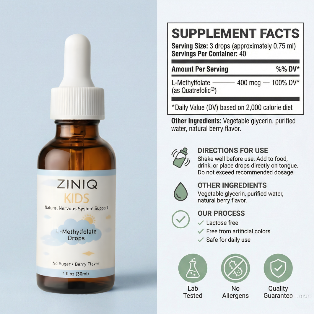ZINIQ™ Kids - L Methylfolate, Natural Nervous System Support Help Your Child Settle. Feel Safe at Home Again.